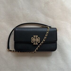 Tory Burch Black Pebbled Leather Crossbody with Gold Chain